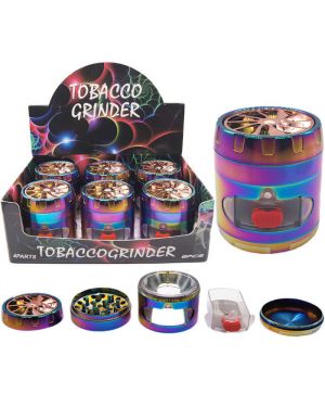 GR183 - 63mm 4 Parts Rainbow Colored Grinder with Stash Drawer and Fan Design on Top